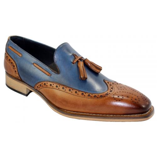 Duca Di Matiste 1866 Cognac / Blue Genuine Italian Calfskin Loafer Shoes With Tassel.